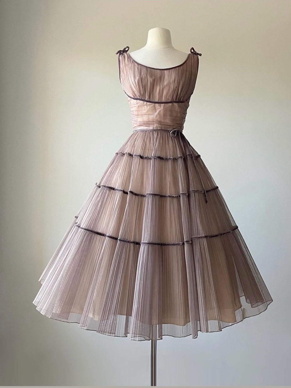 Source Unknown 1950s Vintage Black Tiered Midi Dress with Tie Straps (S)